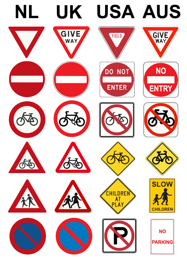 UK USA AUS Netherlands traffic sign comparison